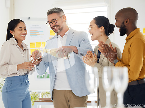 Image of Success, champagne and applause with business people in office for winner, celebration and support. Teamwork, target and friends with group of employees for community, achievement and congratulations