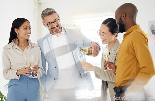 Image of Winner, champagne and party with business people in office for success, celebration and support. Teamwork, target and friends with group of employees for community, achievement and congratulations