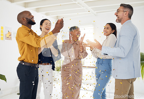 Image of Success, confetti and party with business people in office for winner, celebration and support. Teamwork, target and friends with group of employees for community, achievement and congratulations