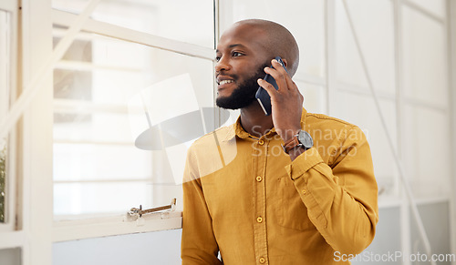 Image of Business, happy black man and thinking with phone call communication in office for feedback on mobile. Employee talking on smartphone for contact, consulting and conversation to chat ideas at window