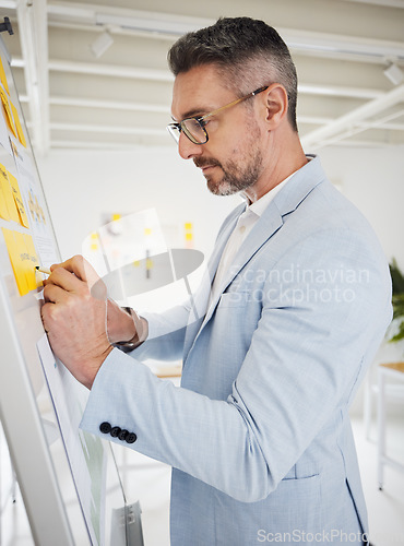 Image of Writing, planning and business man in office with calendar, agenda and schedule management. Strategy, solution and manager with idea, goal and growth, sale or kpi target, mission or problem solving