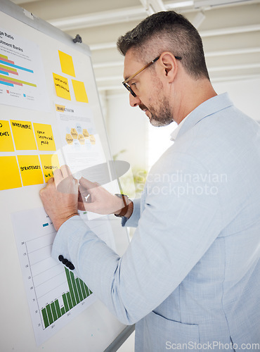 Image of Graph, chart and business man writing presentation, board and data analysis in office for finance, budget and growth. Marketing, development and male manager with agenda, calendar and kpi motivation