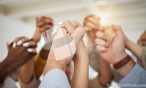 Image of Holding hands, business people and office support with diversity, partnership and collaboration. Celebration, motivation and company staff with solidarity, community and together with teamwork