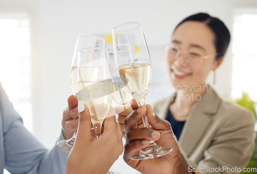 Image of Champagne toast, glass and alcohol with business people, celebration and team building at workplace. Mission, winning and corporate group, collaboration and alcoholic drink with cheers and success