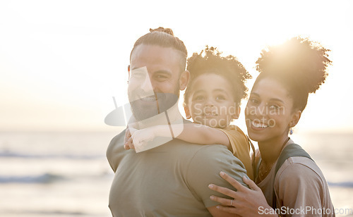 Image of Portrait, family and happy at beach at sunset, bonding and having fun outdoor. Face, smile and father, kid and mother at ocean in interracial care, summer holiday and vacation to travel mockup space