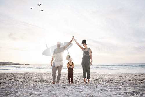 Image of Family, high five and beach for travel, celebration and freedom, bond or fun in nature together. Love, hands together and girl child with parents at sea playing, relax and happy on holiday in Bali