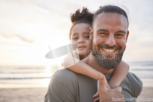 Image of Portrait, father and child at beach at sunset, happy or bonding outdoor. Face, smile and dad of kid at ocean in foster care, interracial and having fun on summer trip, vacation or travel mockup space