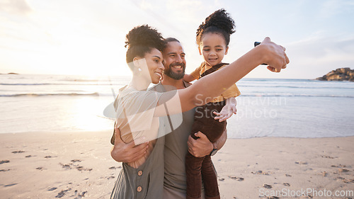 Image of Happy family, selfie and together on beach, vacation or memory of tropical island, holiday in Bali and bonding in summer. Ocean, sunset and parents with child in hug with love, care and support