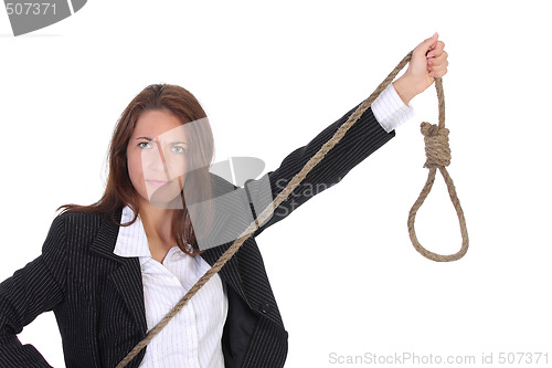 Image of young businesswoman with gallows