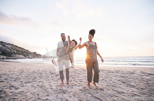 Image of Travel, swing and holding hands with family at beach for bonding, summer vacation and happy. Smile, sunset and relax with parents and child walking on seaside holiday for love, freedom and support