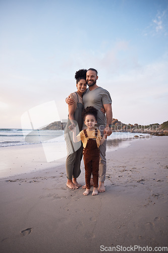 Image of Portrait, family and smile at beach, holding hands and sunset, bonding or outdoor on mockup space. Face, happy and father, kid and mother at ocean in interracial, summer holiday or vacation to travel