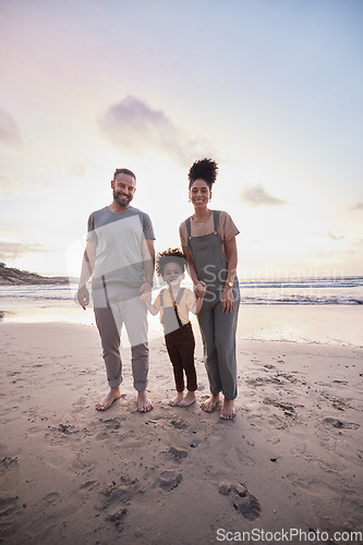 Image of Portrait, sunset and family holding hands, beach and bonding with vacation, travel and ocean getaway. Happy parents, mother or father with girl, child or sand with seaside holiday, adventure and love