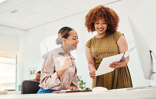 Image of Happy creative women, documents and designer in team planning, strategy or ideas together at office. Female person and colleague smile with paperwork in design for project startup at the workplace