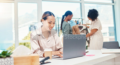 Image of Business woman, fashion designer and laptop for planning, online shop management and website or blog in office startup. Creative worker on computer for clothes marketing, e commerce or social media