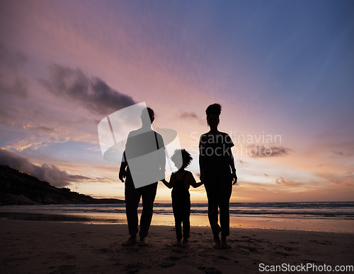 Image of Shadow, family at beach and holding hands at sunset, bonding or outdoor on mockup space. Silhouette, sea and father, kid and mother at ocean in care, summer holiday and vacation to travel together