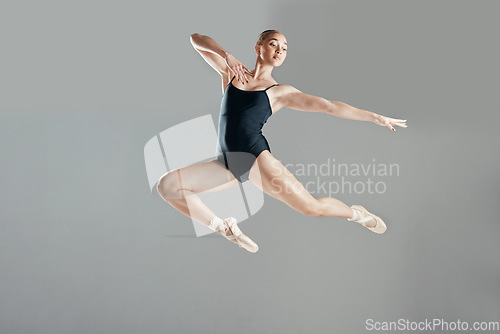 Image of Jump, ballet or woman in studio on mockup space for wellness, creative or artistic performance. Talent, dancer or girl ballerina dancing or training to exercise in practice motion on white background
