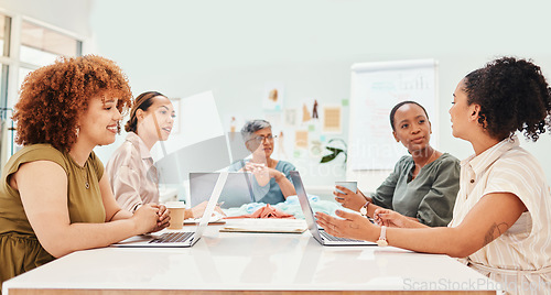 Image of Creative people, fashion designer and meeting in planning, team brainstorming or clothing ideas at office. Group of women in retail startup, project plan or discussion in teamwork, design or mission