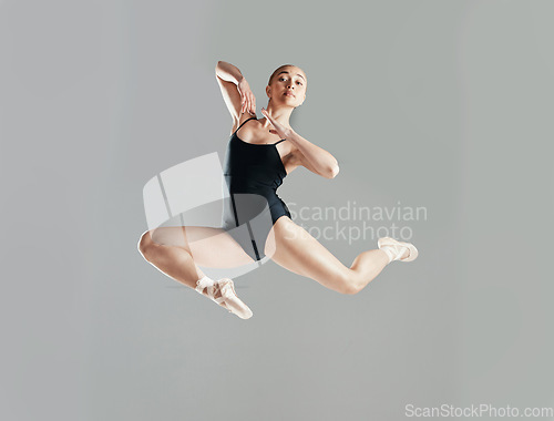 Image of Jump, ballet or girl in studio on mockup space for wellness, balance or artistic performance. Talent, dancer or woman ballerina dancing or training to exercise in practice motion on white background