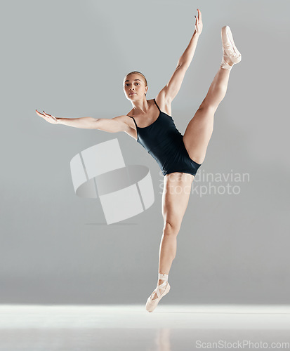 Image of Balance, ballerina or girl in studio on mockup space for wellness, fitness or creative performance. Art, dancer or woman ballet dancing or training to exercise in practice motion on white background