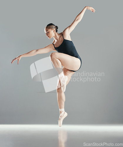 Image of Dance, ballet or woman in studio on mockup space for wellness, balance or creative performance. Artist, dancer or girl ballerina training body to exercise or practice routine on white background