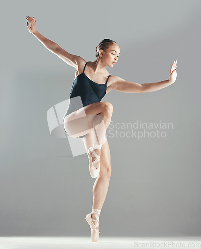 Image of Dancing, ballet or woman in studio on mockup space for wellness, balance or creative performance. Artist, dancer or girl ballerina training body to exercise or practice routine on white background