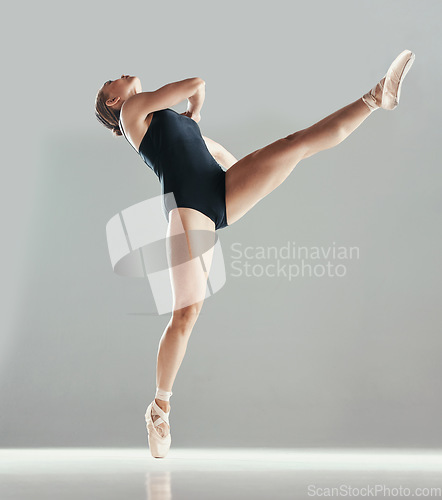 Image of Dancing, ballet or girl in studio on mockup space for wellness, balance or creative performance. Artist, dancer or woman ballerina training body to exercise or practice routine on white background