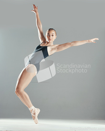 Image of Balance, ballet or portrait of woman in studio on mockup space for fitness, freedom or creative performance. Elegant, dancer or girl ballerina training body to exercise isolated on white background