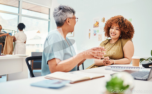 Image of Business women, fashion designer and meeting, planning or teamwork with manager or clients in office workspace. Professional people and artist collaboration, design proposal and internship interview