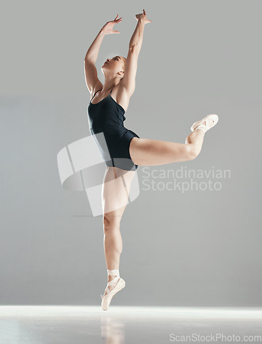 Image of Balance, girl or ballet dancing or moving for wellness, art or creative performance on studio mockup. Art, dancer or woman ballerina training to exercise body or practice routine on white background