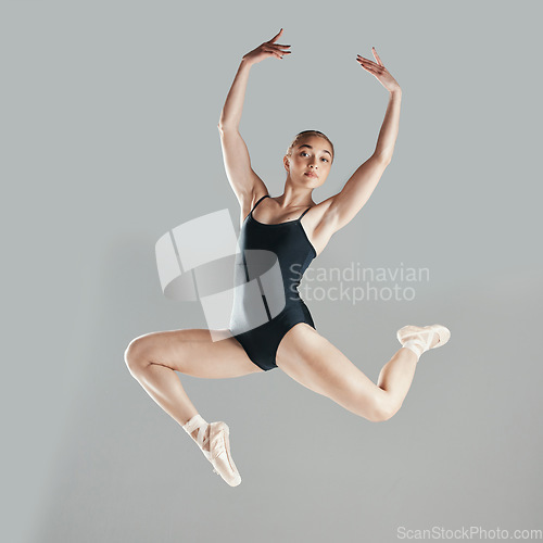 Image of Jump, portrait or woman ballet dancing or moving on air for art or creative performance on studio mockup. Art, dancer or woman ballerina training to exercise body or practice pose on white background