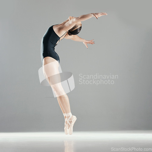 Image of Mock up, space or girl ballet dancing for fitness, balance or creative freedom performance in studio. Energy, dancer or woman ballerina training to exercise body or practice skill on white background