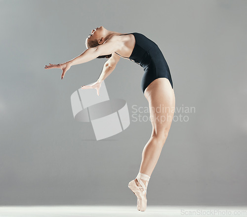 Image of Mockup, balance or girl ballet dancing for fitness, art or creative freedom performance in studio. Space, dancer or woman ballerina training to exercise body or practice skill on white background