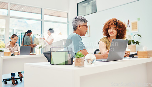 Image of Business women, fashion designer and planning, teamwork or brainstorming in office workspace for startup. Professional people with collaboration, design inspiration and laptop for clothes management