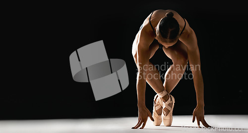 Image of Ballet performance, studio and woman dance in creative recital, mockup stage or training for talent show, exhibition or competition. Balance, dancer and ballerina practice routine on black background