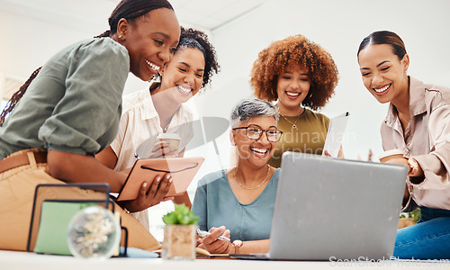 Image of Business women, meeting and laptop for planning, design teamwork and brainstorming in notebook of website ideas. Group of people in collaboration and writing goals, branding and marketing on computer