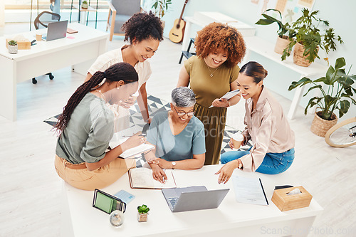 Image of Business women, meeting and computer planning, design teamwork or brainstorming for office website ideas. Group of women in collaboration and notebook or writing goals for branding with laptop above