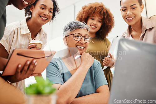 Image of Business women, team thinking and laptop for planning, design teamwork or brainstorming in meeting with website ideas. Group of people in collaboration, decision and branding or marketing on computer