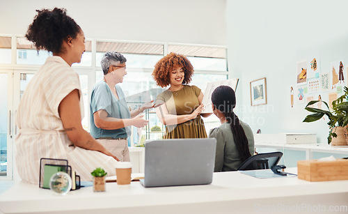 Image of Small business, fashion designer and women team in office for collaboration and brainstorming. Group of people in a modern workplace for creativity, ideas and productivity at a startup company