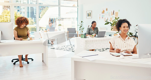 Image of Designer team, small business and women working together for collaboration in fashion industry. Group of people in a modern office for creativity, mission and productivity at a startup company