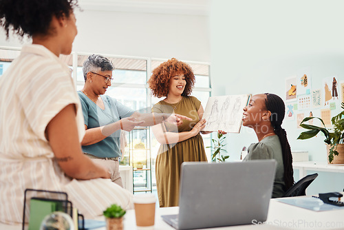 Image of Business women, fashion design and team in discussion with collaboration for ideas. Group of people in a modern office for creativity, brainstorming and planning in meeting at a startup company