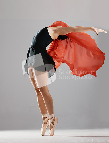 Image of Ballet, woman or dancer training, fabric and performance on a white studio background. Female performer, ballerina and girl with technique, practice routine and elegant art with creative or exercise