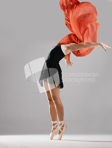 Image of Ballet, woman or dancer with fabric, performance or prepare for a show on white studio background. Female performer, ballerina or artist with technique, practice routine and training with fitness