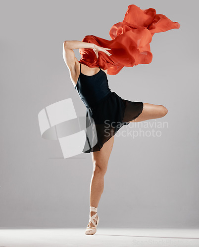 Image of Fashion fabric, ballerina or woman in studio on mockup space for wellness, freedom or creative performance. Red cloth, dancer or girl ballet moving or dancing in training exercise on white background