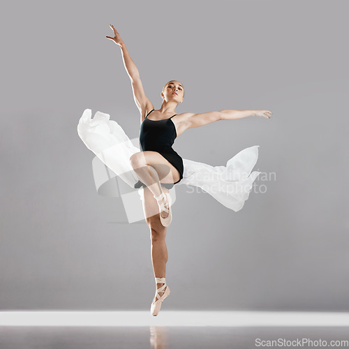Image of Ballet, woman or dancer with portrait, performance or exercise on white studio background. Female performer, ballerina or artist with technique, prepare for show or training with pose or elegant art