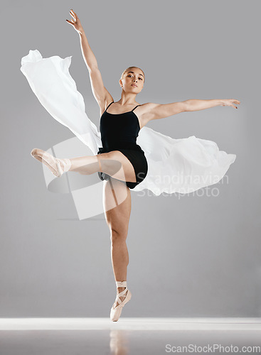 Image of Ballet, woman and dancer with portrait, training and practice routine on white studio background. Female performer, ballerina or artist with technique, prepare for a show and creativity or style
