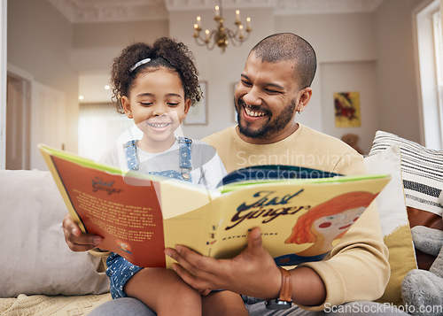 Image of Father, daughter and book on sofa with smile, bonding and love in storytelling in living room together. Happiness, man and child reading story on couch for fantasy, learning and education in home fun