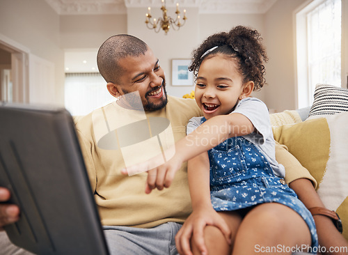 Image of Cartoon, pointing and a child with a father and tablet for a movie and streaming games. Excited, family and a dad with a girl kid and gesture to technology for a show or social media in a house