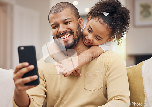 Image of Home, father and girl with a smile, selfie and hug with social media, family and loving together. Embrace, parent or female child on a sofa, profile picture or memory with love or bonding in a lounge