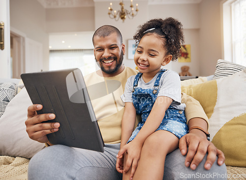 Image of Happy, movie and a child with a father and tablet for a cartoon, film and streaming games. Smile, family and a dad with a girl kid and gesture to technology for a show or social media in a house