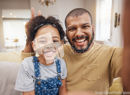 Image of Father, girl and selfie portrait in peace sign in home living room, bonding and laughing together. Dad, child and face smile in v hand on profile picture, happy memory or social media of funny family